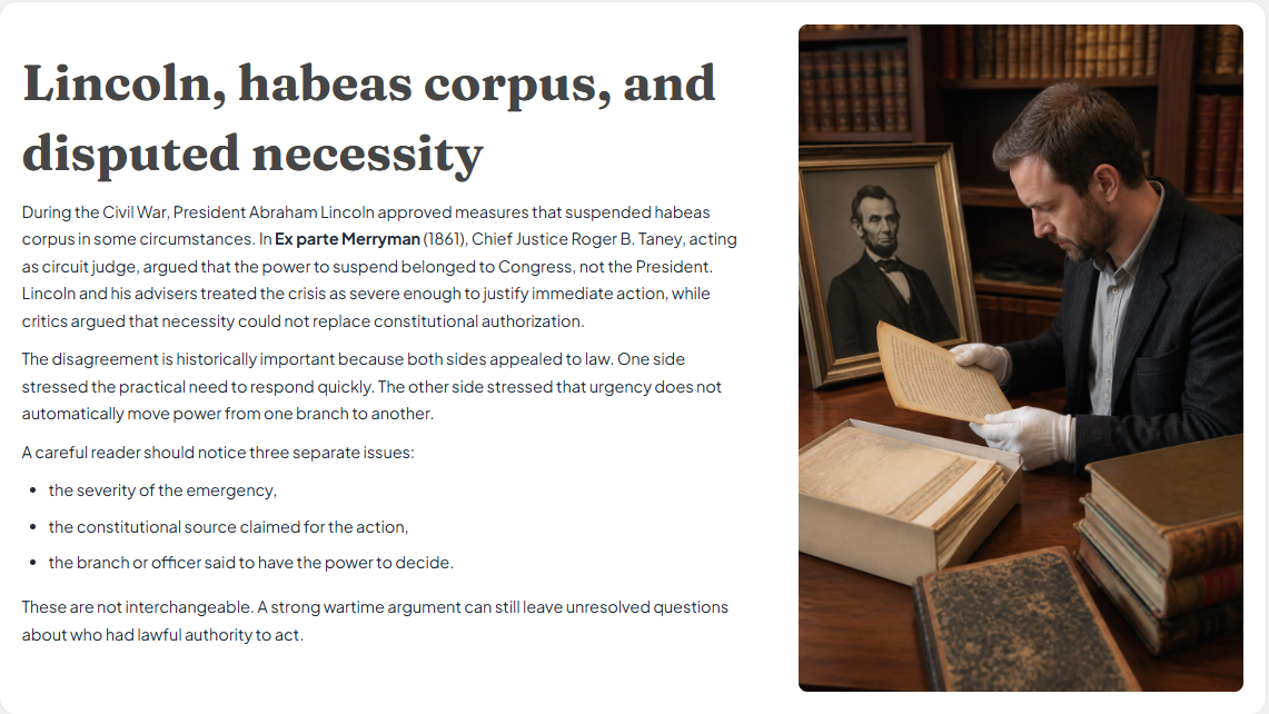 Lincoln, habeas corpus, and disputed necessity: Ex parte Merryman and the suspension debate
