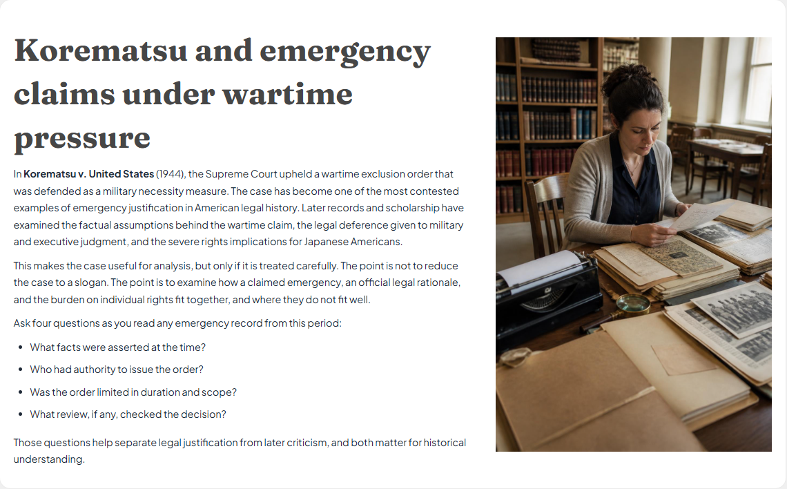 Korematsu and emergency claims under wartime pressure: examining the wartime exclusion order
