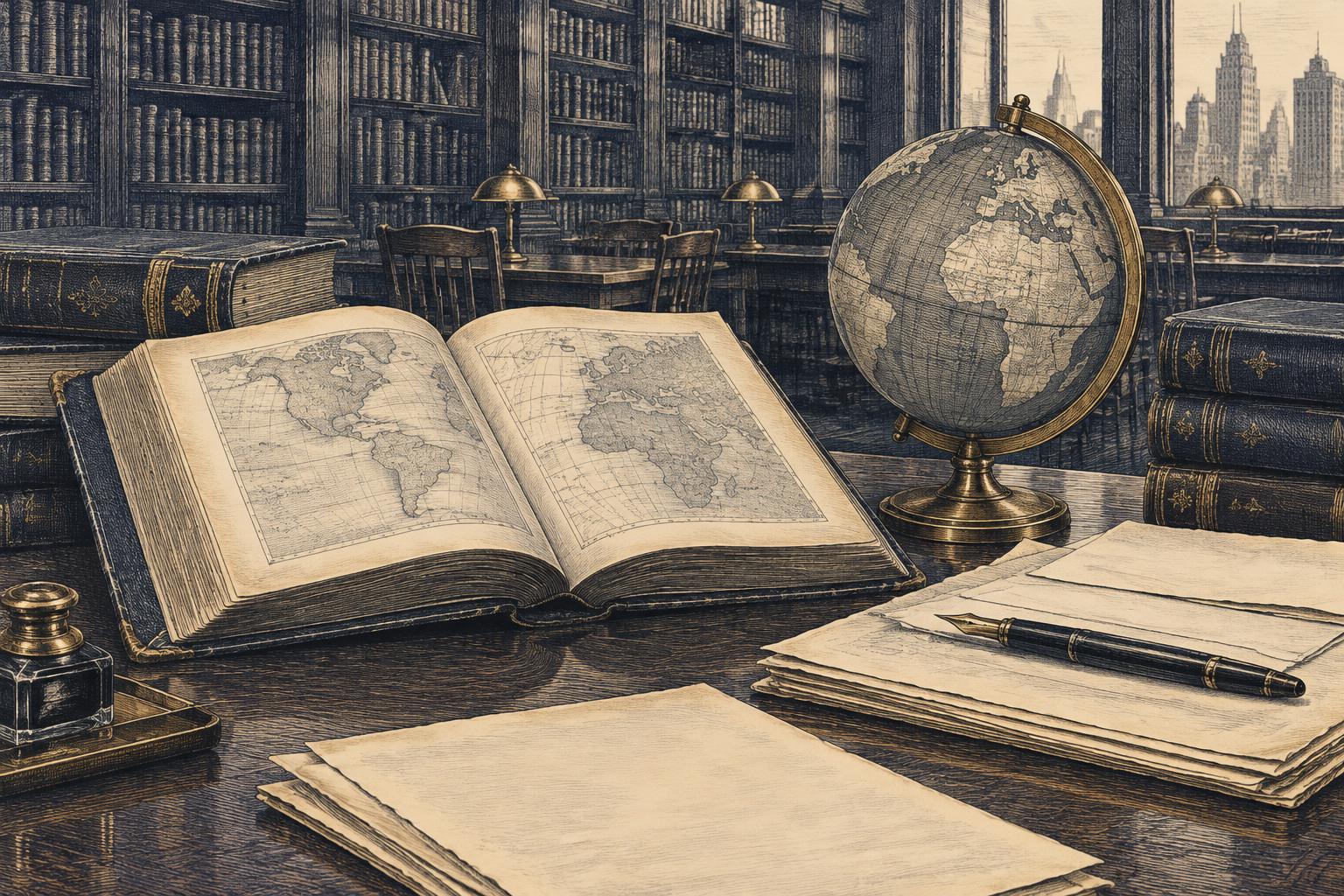 Engraved archival illustration of a globe, books, papers and fountain pen in a historical library