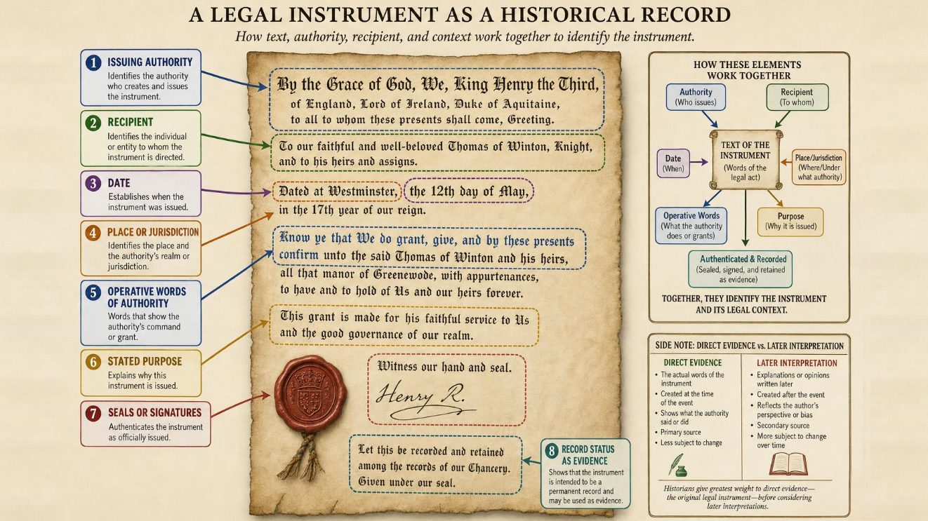 Course preview infographic — A Legal Instrument as a Historical Record: how text, authority, recipient, and context work together to identify the instrument
