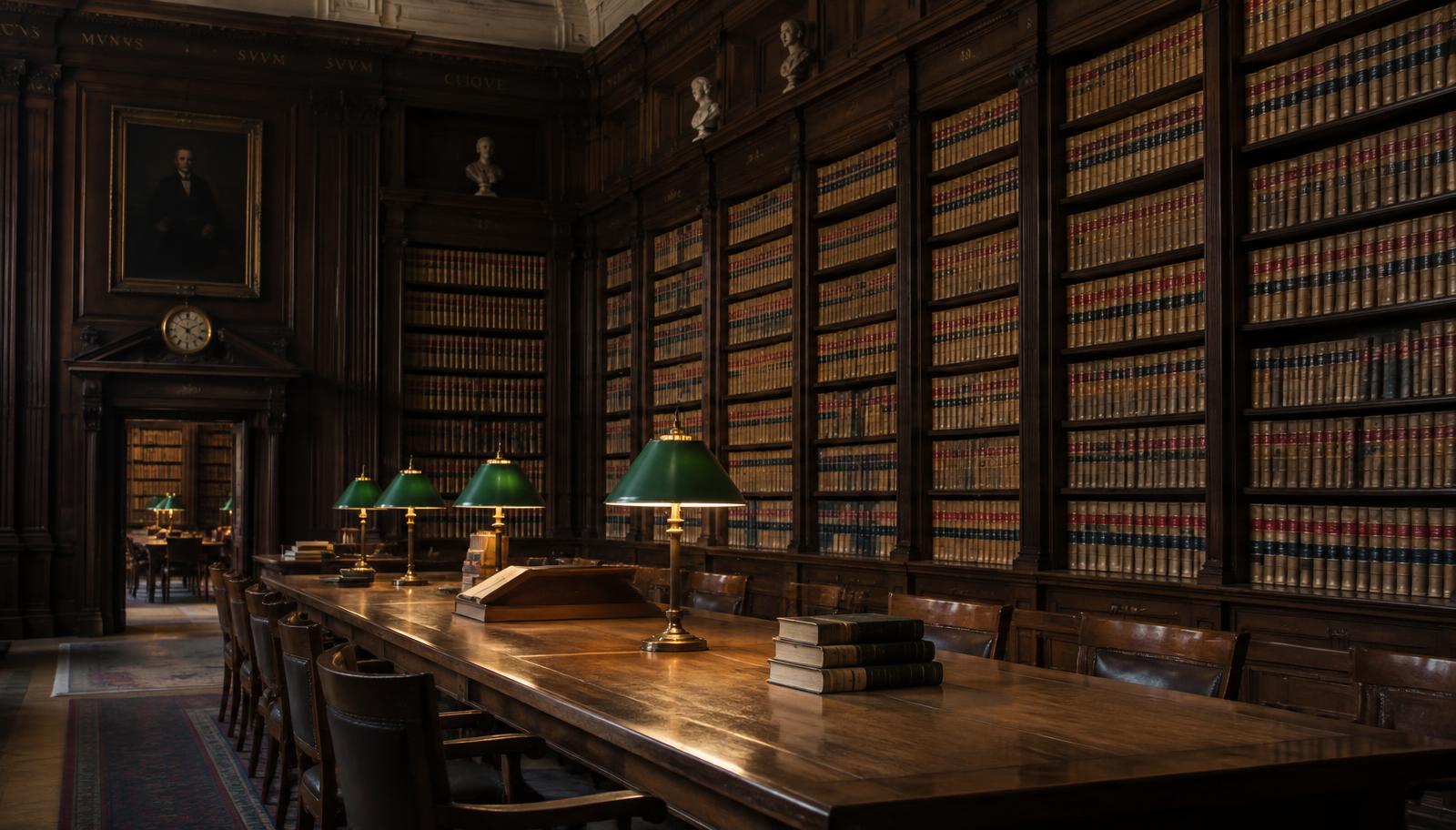 A wood-panelled law library reading room lined with bound volumes